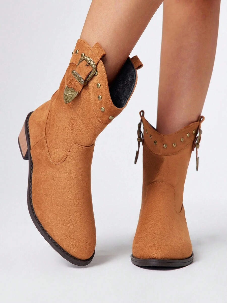 Styleloop 棕色西部牛仔靴，一脚蹬刺绣及膝马靴，低跟皮革摩托车靴，女式中筒靴，适合万圣节、圣诞节、秋季 - 棕色 - 查看 1