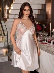 SilkySpell Plus Size Women Sexy Sheer Floral Embroidery Patchwork Satin Nightgown Negligee Lingeries Night Gown Set Satin Sleepwear Lingerie Sleepwear - White - View 5