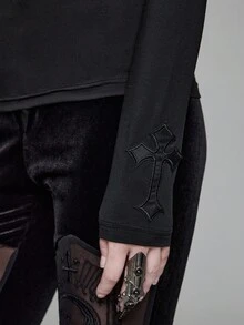 ROMWE Gothic Cross Hollow Embroidered Sleeveless Top For Women - Black - View 7
