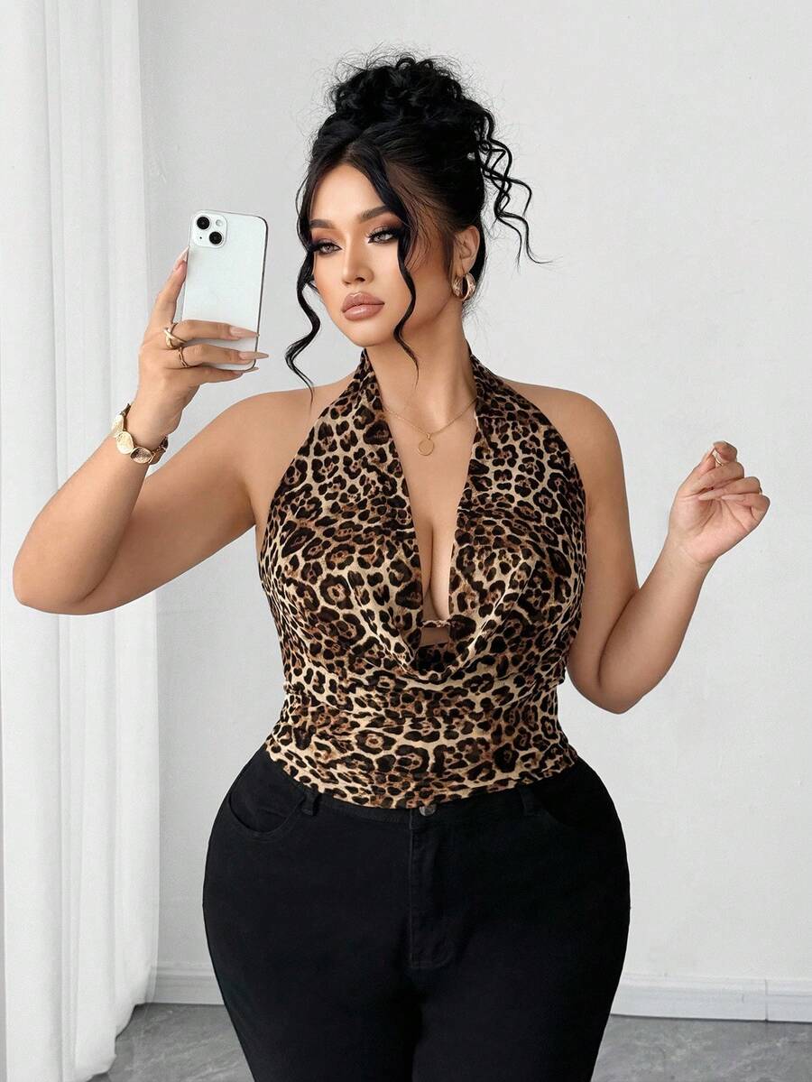 Elenzga Plus Size Women Elegant Party Sexy Halter Plunging Neck Leopard Print Camisole - Multicolor - View 1