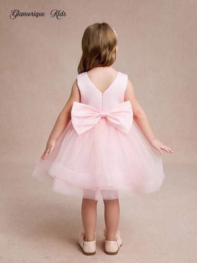 Glamorique Kids Vestidos de niña de las flores para Navidad, vestidos para eventos de boda de invierno, vestidos para fiestas, vestido de Santa, vestido de Año Nuevo, vestido de baile de Navidad para niñas, vestido de princesa para niñas, rosa con perla grande blanca, falda de tul rosa, vestido con lazo en la espalda, vestido formal para actuaciones en el escenario