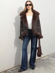 Aveloria Modichic 新款时尚休闲高端人造毛皮夹克，简约拉链设计，厚款，女士外套套装 - 棕色 - 查看 2