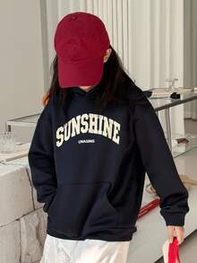 Dazy Kids Tween Girls Hooded Knit Fleece Letter Print Sweatshirt, Autumn,Winter - Navy Blue - View 4