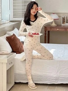 2 件套青少年女孩 V 领蝴蝶结印花长袖上衣和裤子睡衣套装，秋季 - 米色 - 查看 3