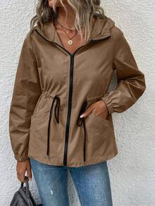 EMERY ROSE Women's Solid Color Long Sleeve Drawstring Waist Casual Zip-Up Hooded Jacket, Autumn