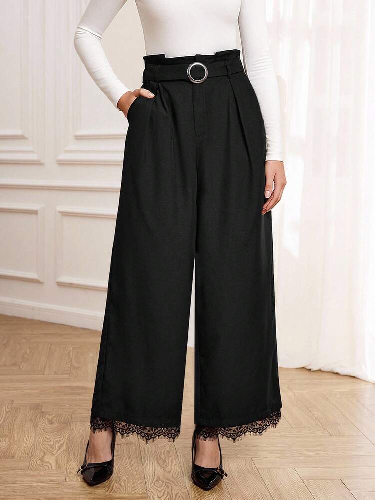 Autumn And Winter Women's Elegant Trousers, Lotus Leaf Waist With Metal Buckle Belt Design, Lace Hem Splicing Design Elements, Women's Versatile Black Trousers Wide-Leg Trousers, Fashionable Women's Trousers, Elegant Trousers For Going Out,Women's Fall Pants,Chic Women's Pants, Zip-Up Pants,Lack Pants