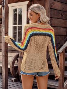LanaWest Áo len dệt kim kiểu nông thôn họa tiết sọc khối màu dành cho nữ - Màu Khaki - Xem 2