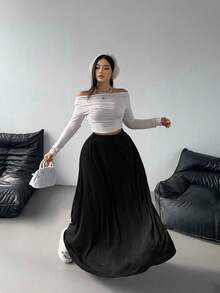 Flirla Jupe en tricot ample, décontractée, de couleur unie, mode polyvalente, grande taille - Noir - Voir 4