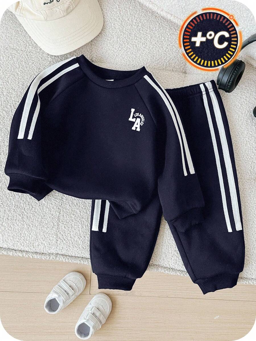 SHEIN 2 件套幼儿/婴儿男孩/女孩秋冬装，圆领插肩袖运动衫上衣和慢跑裤运动服，舒适休闲日常基本款运动街头服饰，适合室内、户外、日常穿着、运动、玩耍、派对、拍照、度假、返校 - 藏蓝色 - 查看 1