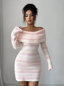 Elenzga Vestido de punto ajustado con hombros descubiertos y rayas de colores para mujer - Multicolor - Ver 6