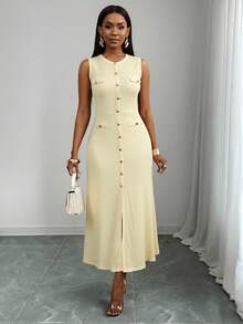 SHEIN PETITE CURVE Plus Size Women Solid Color Round Neck Single-Breasted Sleeveless Fitted Casual Dress - Apricot - View 6