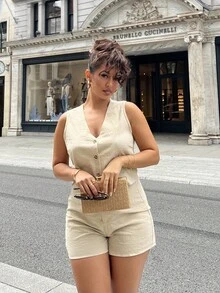 NegzBox 夏季女士 V 领纽扣衬衫、A 字短裤 2 件套、棉质水洗休闲度假背心和短裤套装 - 杏色 - 查看 1