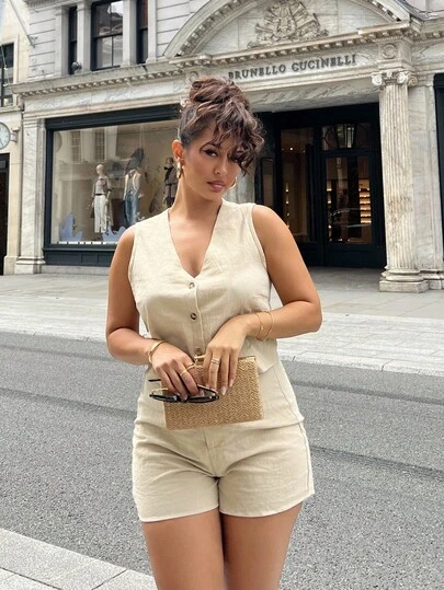 NegzBox Conjunto de 2 piezas para mujer de verano con camisa de cuello en V con botones y shorts corte A, chaleco y shorts informales de algodón lavado para vacaciones