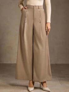 MOTF PREMIUM 女式卡其裤，独特设计，纽扣开合，高腰修身阔腿裤 - 卡其色 - 查看 5