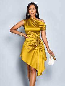 SOLERSUN Women's Elegant Solid Color Asymmetric Collar Side Drawstring Ruched Fashion Satin Dress - Mustard Yellow - View 7
