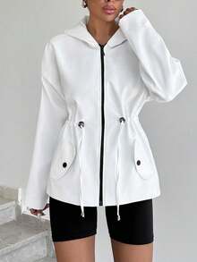 Women's Solid Color Simple Daily Hooded White Rain Jacket