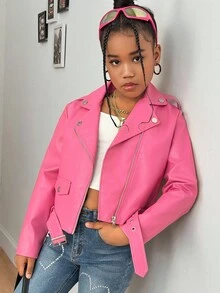 SHEIN Tween Girl Casual Cool Solid Color Motorcycle PU Leather Jacket, Autumn/Winter Fall