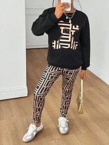 SHEIN 青少年女孩休闲针织圆领长袖上衣和慢跑裤套装 - 黑色 - 查看 3