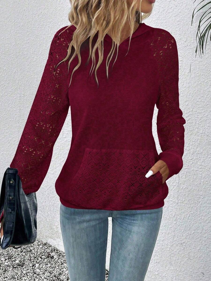 EMERY ROSE 女士秋季撞色蕾丝插肩袖口袋休闲卫衣 - 酒紅色 - 查看 1