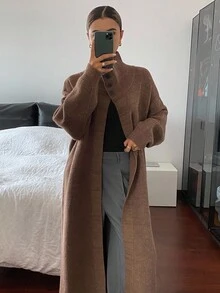 DAZY Women's Solid Color Floral Chiffon Loose High Neck Long Sleeve Long Cardigan, Casual Street Style, Autumn/Winter - Brown - View 4