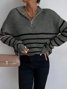 EMERY ROSE Women's Casual Loose Fit Dropped Shoulder Striped Pullover Sweater - Dark Grey - View 5