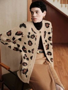 Uhlyne Uhlyne French Retro Leopard Print Embellished Studded Fluffy Knit Cardigan, For Spring And Autumn Fall Winter Elegant Casual Versatile Holiday Commute Daily , Small Round Neck Collar With Rhinestone Trim, Cuff With Rhinestone Trim, Leopard Jacquard Velvet Texture, Loose Fit, Old Money Style - Camel - View 8