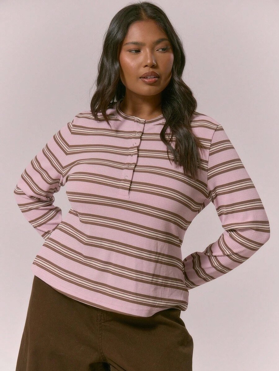 MUSERA 大码女式长袖条纹纽扣领上衣，舒适保暖，适合春夏复活节假期穿着 - 彩色 - 查看 1