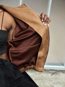 Lumivelle Chaqueta bomber de mujer con dobladillo de burbuja - Marrón - Ver 8