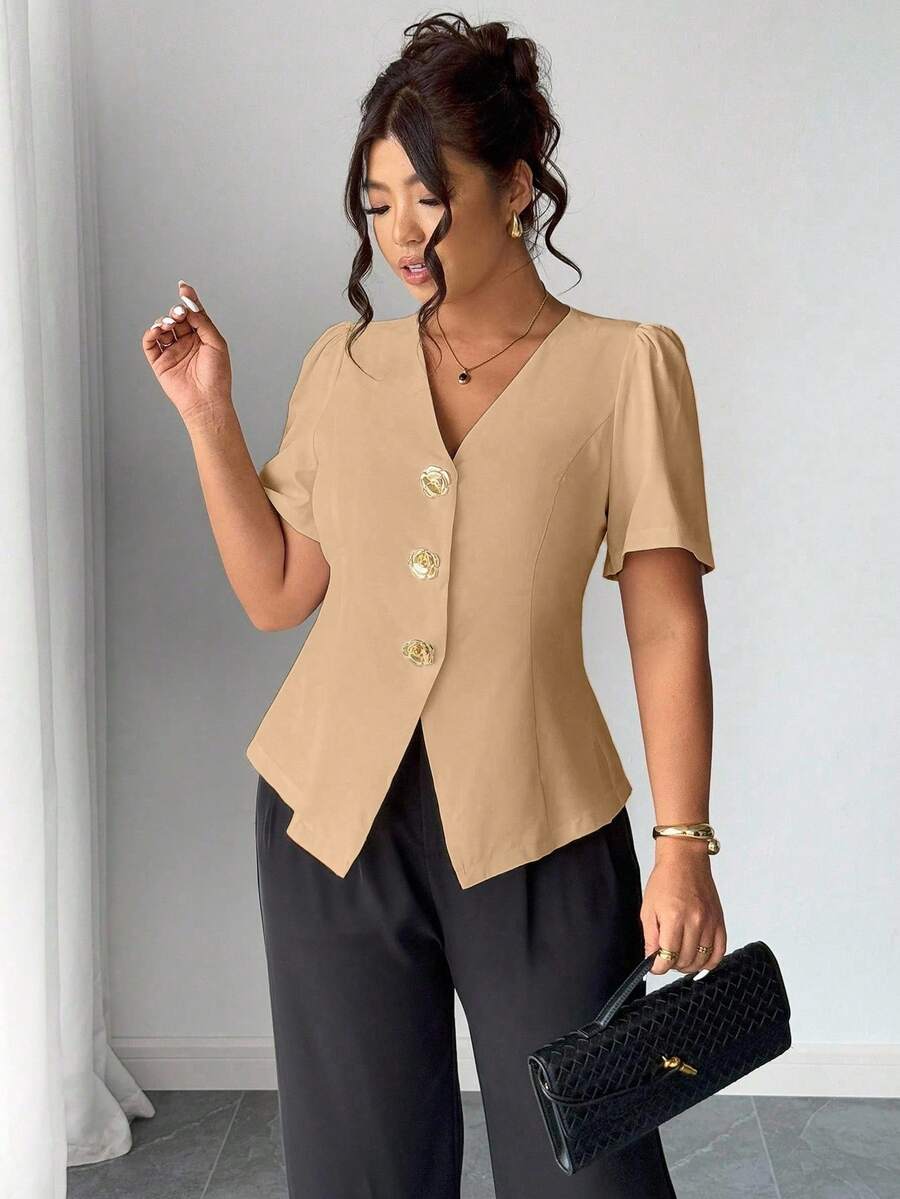 Elenzga Áo len cardigan cài nút hoa hồng thời trang cỡ lớn - Màu Khaki - Xem 1