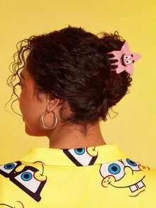 SpongeBob SquarePants | SHEIN 2Pcs Cute Cartoon Hair Claws Acrylic Hair Clips Suitable For Medium Or Long Hair, Suitable For Home Bathing Beauty Hair Buns And Hair Styling, Yellow And Pink Starfish Patrick