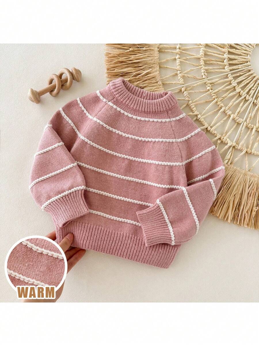 Loomiva 女婴条纹针织柔软圆领长袖套头毛衣,粉色针织毛衣,女婴针织毛衣,婴儿粉色针织上衣,婴儿粉色条纹针织毛衣,柔和色毛衣,女童套头毛衣,女婴粉色毛衣,可爱休闲舒适婴儿毛衣,保暖内衬,适合冬季穿着 - 粉色 - 查看 1