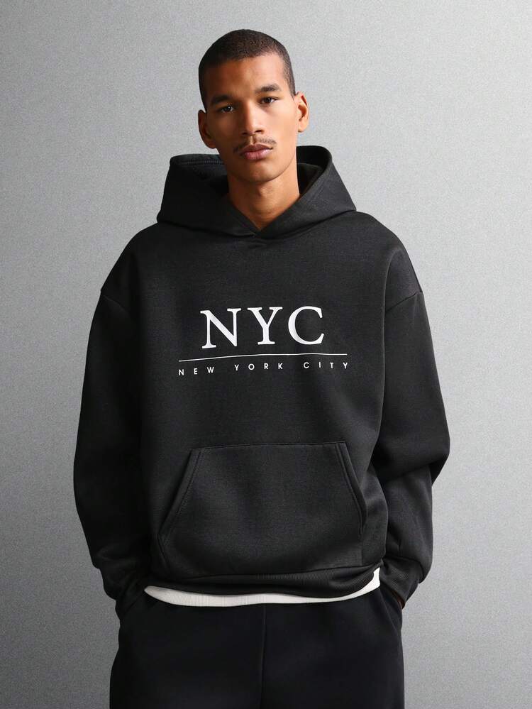Pullover Hoodie With NYC Typography Print And Centre Pocket