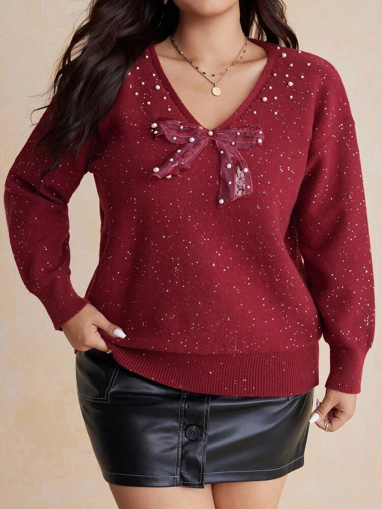 Dazy Plus Plus Size Women's Loose Fit Rhinestone & Sequin Bow Decor Red Christmas Sweater, Long Sleeve Pullover, Autumn/Winter,New Year