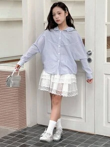 Dazy Kids 女童格子连帽长袖梭织衬衫 - 淺藍色 - 查看 1