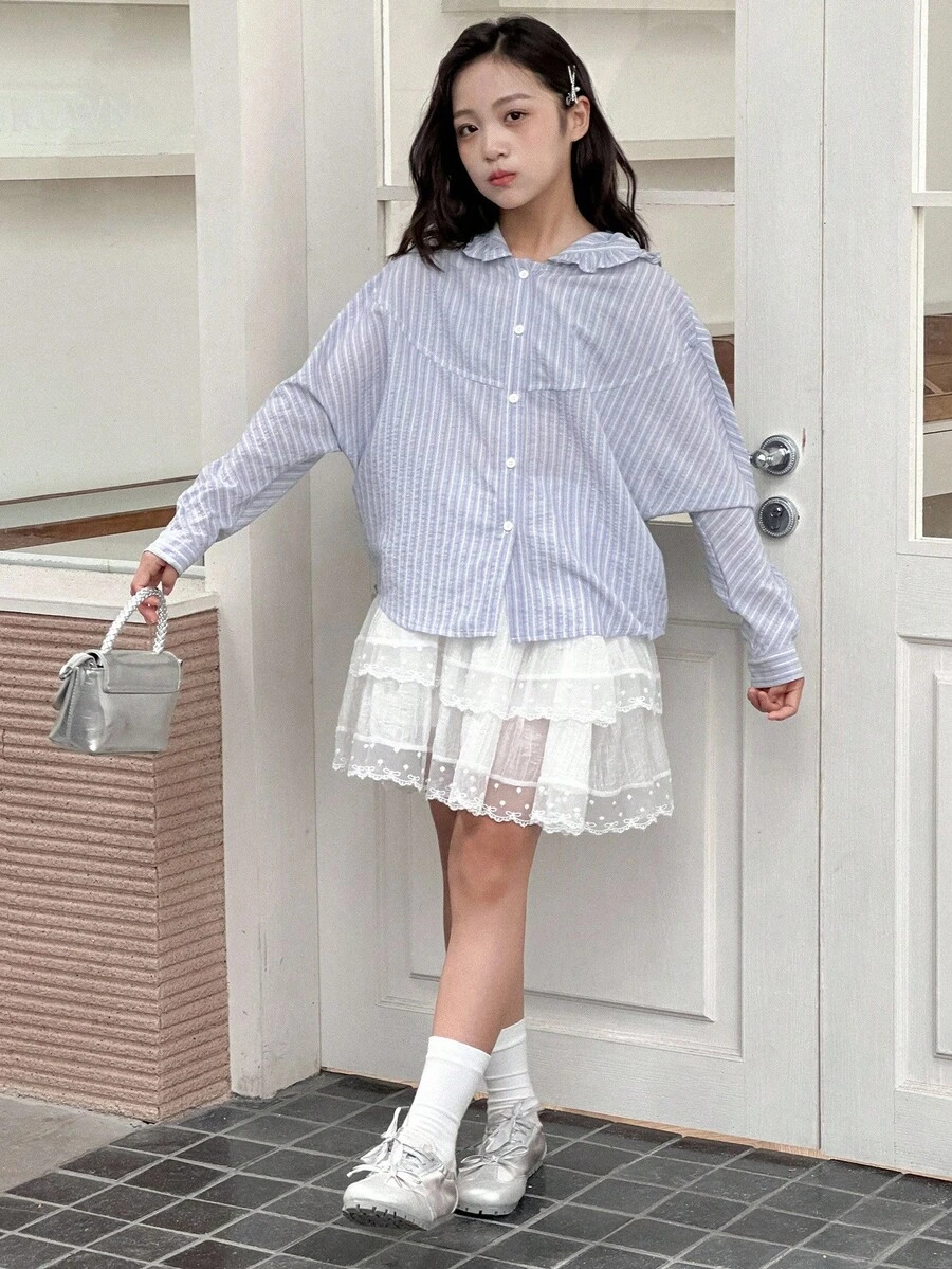 Dazy Kids 女童格子连帽长袖梭织衬衫 - 淺藍色 - 查看 1