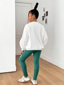 2 件 Tween Girls 字母印花针织连帽衫 + 针织紧身裤套装，休闲时尚日常百搭 - 白色 - 查看 2