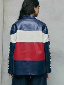 TypaGal The Graphic Moto Jacket Features Bold Stripes And Patches, Making It A Statement For Fall Tops Women, Winter Jacket Wardrobes, And Business Casual - Multicolor - View 3