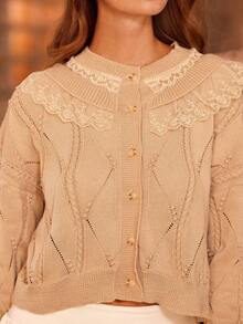 WESTFADE Cárdigan de punto con cuello redondo de encaje, botones delanteros, manga larga, tejido mixto de punto de cable y punto de burbuja, de estilo relajado y casual, para uso diario y estilo occidental - Albaricoque - Ver 2