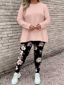 EMERY ROSE 2 件套大码女式花卉图案粉色长袖上衣和瑜伽裤套装，适合秋冬季 - 藕粉色 - 查看 3