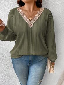 SHEIN Frenchy Áo thun cổ ren phối màu cỡ lớn, thường ngày, mùa thu - xanh quân đội - Xem 4