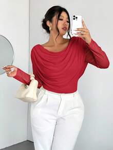 Firerie Plus Size Women Elegant Red Autumn Party Blouse, Plunging Neck Long Sleeve Mesh Sheer Fitted T-Shirt,Off Shoulder Boat Neck Draped Top For Wedding - Red - View 1