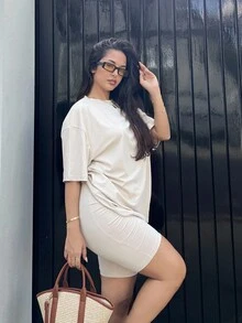 NegzBox Women Round Neck Drop Shoulder T-Shirt And Shorts Casual 2 Pieces Set,Summer Sets - Apricot - View 6