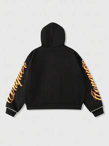ROMWE MEN Street Life Men's Glitter Diamond Angel Letter Print Hoodie, Vintage Street Style, Fall - Black - View 3