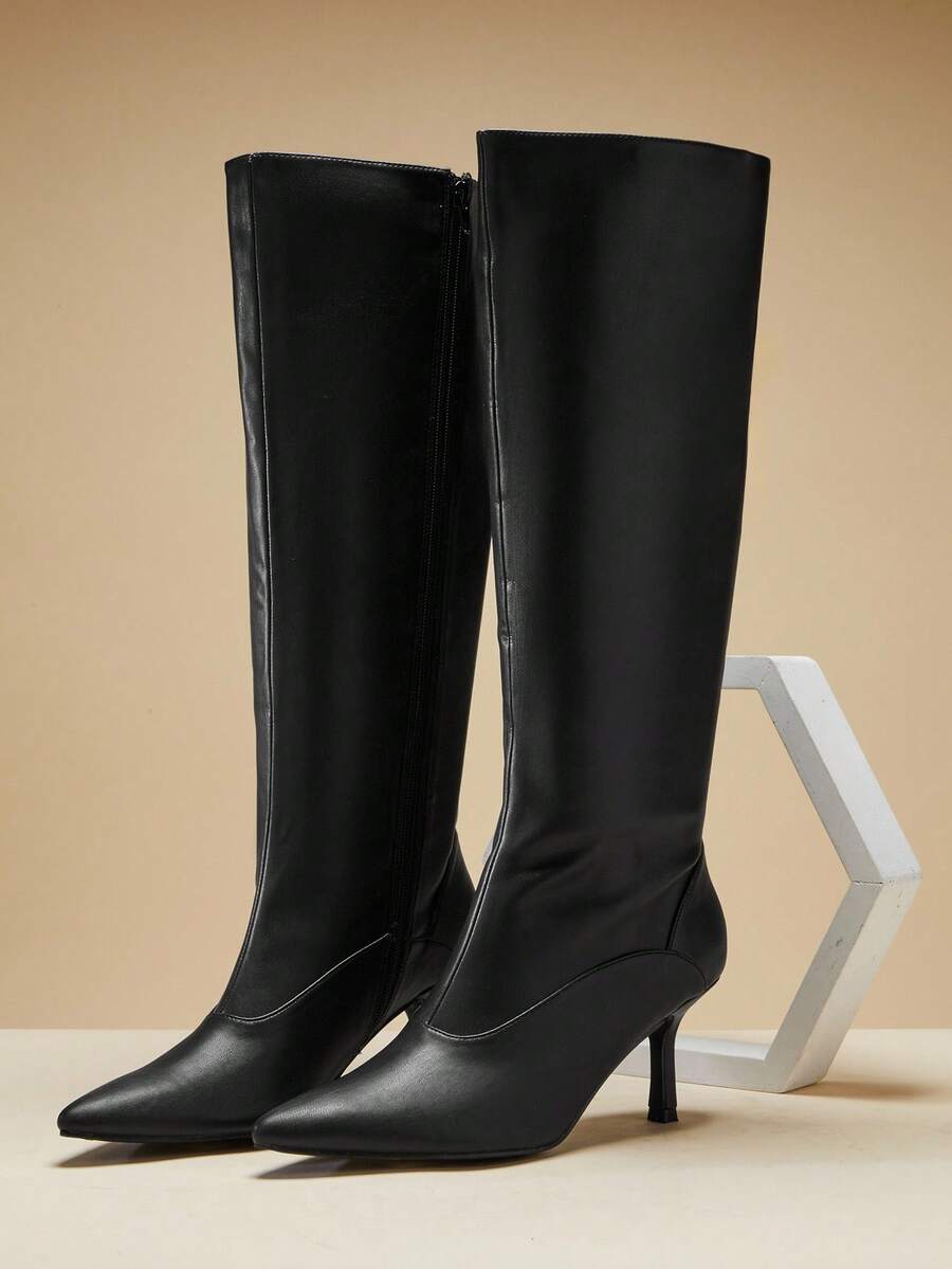 SHUZIA Women's Glamorous Sexy Pointy Toe Kitten Heel Mid-Calf Boots - Black - View 1