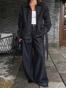 DAZY Women's Denim Jacket With Collar And Belt, Paired With Loose Wide-Leg Denim Pants, 2 Pieces Casual Denim Suit - Dark Wash - View 1