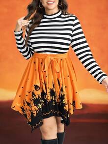 SHEIN LUNE Vestido Midi Mulheres Plus Size Halloween com Bainha Retalhos e Torção - Multicolorido - Visão 3