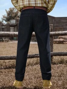 Manfinity Nomadique 男士西部复古贴袋休闲牛仔裤，牛仔常规水洗修身工装牛仔裤，适合外出穿着