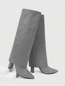 CUCCOO SZL 女士尖头粗跟灰色闪光面料双层设计时尚性感舒适日常派对场合侧拉链套穿踝靴 - 灰色 - 查看 2