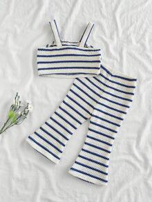 SHEIN Vintaside Kids Baby Mädchen modisches hochwertiges gestreiftes Träger Top und passendes gestreiftes weites Bein Hosen Set, perfekt für Sommer Camping, Urlaub, Lässig oder Party Anlässe - Blau - Übersicht 2