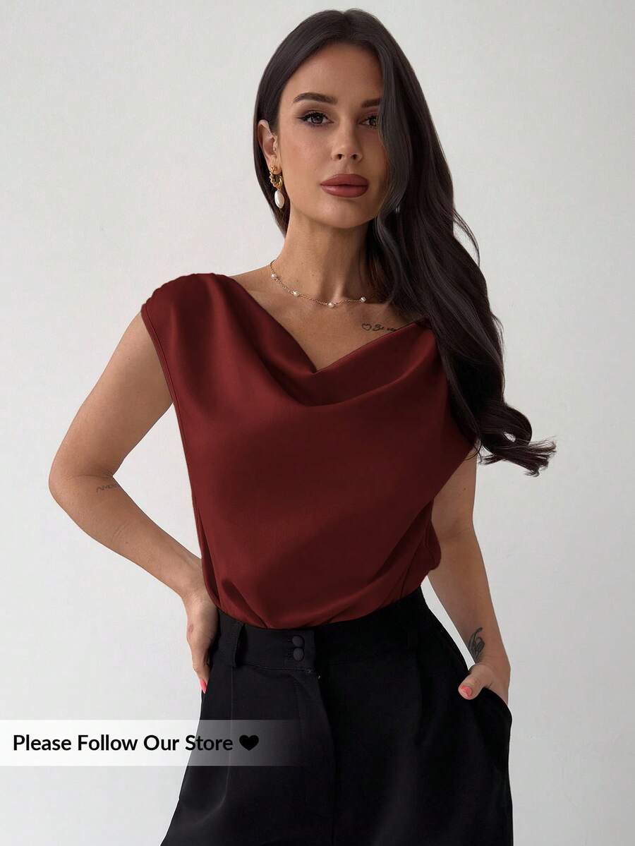 Firerie Bộ đồ liền thân bằng vải satin không tay cổ nhún bất đối xứng mới thanh lịch dành cho nữ, màu mơ, thiết kế tối giản, thích hợp cho các buổi hẹn hò, đi làm, mặc công sở, sang trọng - Màu Đỏ Sâu - Xem 1